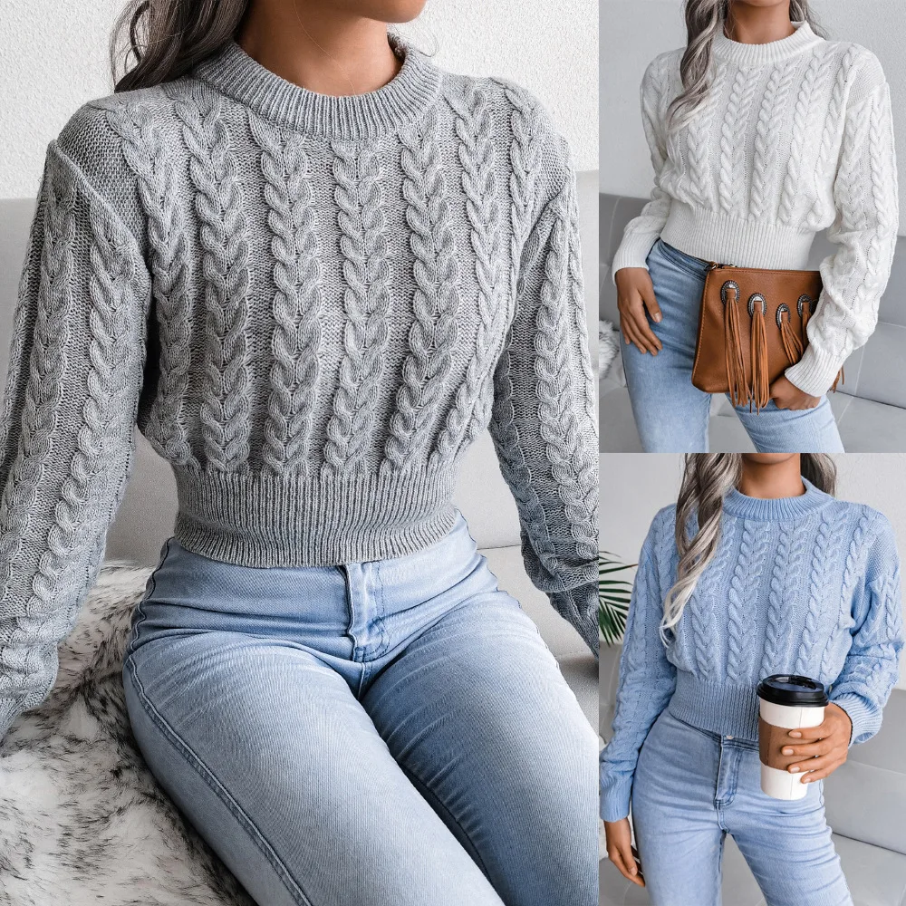 

Autumn/Winter 2026 Solid Color Cable Knit Long Sleeve Round Neck Pullover Slim Waist Sexy Hot Girl Sweater For Women Pullover