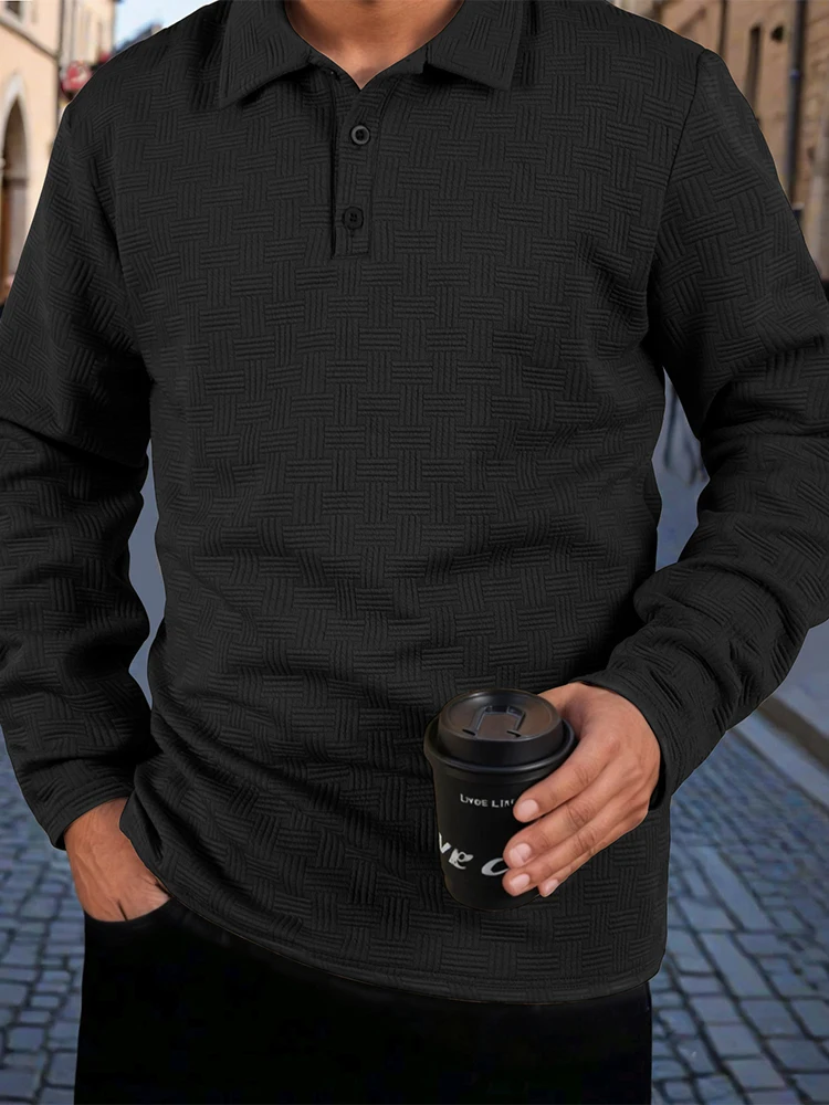 ربيع الخريف موضة الرجال البلوز القمم عادية بلون كم طويل Polos الرجال Vintage زر متابعة بدوره إلى أسفل طوق قمصان بولو