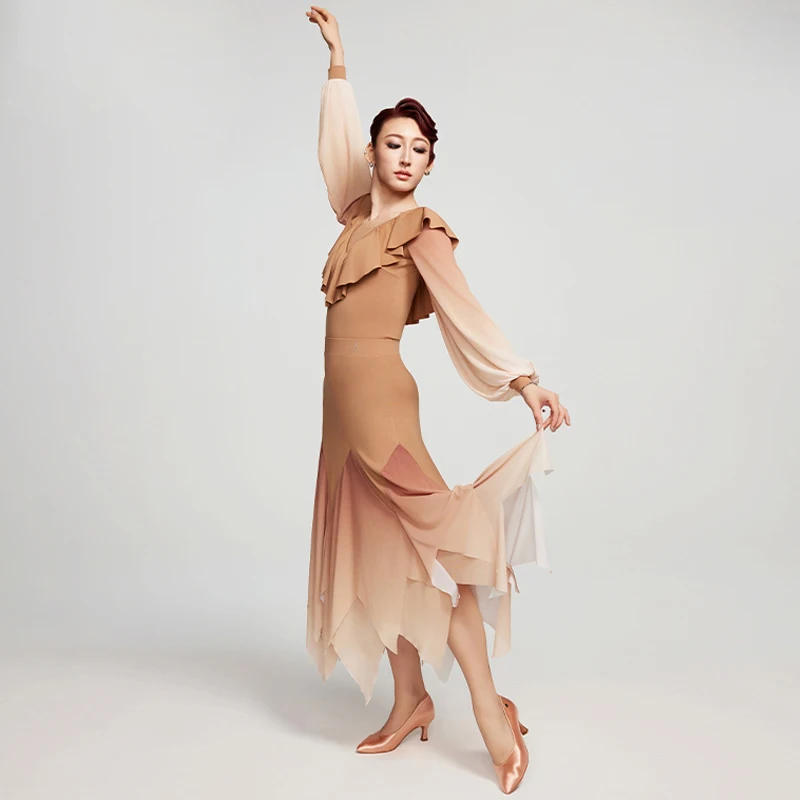 Dorośli nowoczesne stroje do tańca rękawy z marszczeniami top w stylu latynoskim długa spódnica damska walc taniec towarzyski profesjonalne sukienki SL12574