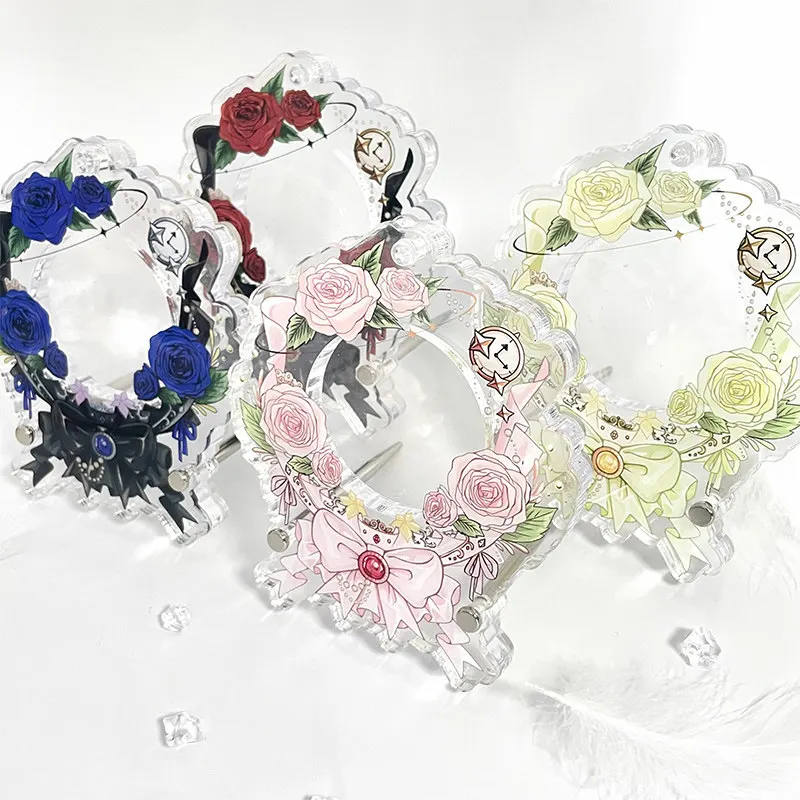 Vintage Rose Bow Acrylic Badge Display Frame, Adjustable 58mm 75mm Anime Pin Holder Desktop Ornament Collection Showcase