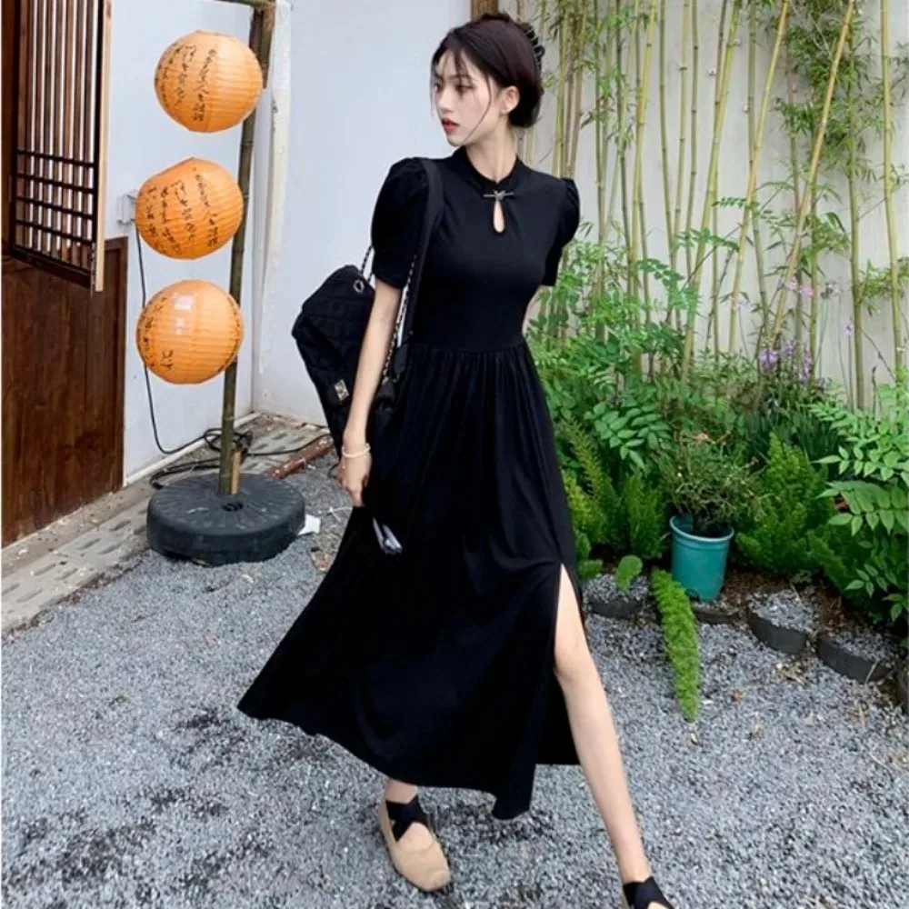 

New Chinese Style Improved Cheongsam Dress New Summer Qipao Temperament Black Large Swing Split Midi Qi Pao Dress Woman