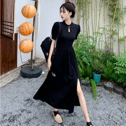 New Chinese Style Improved Cheongsam Dress New Summer Qipao Temperament Black Large Swing Split Midi Qi Pao Dress Woman