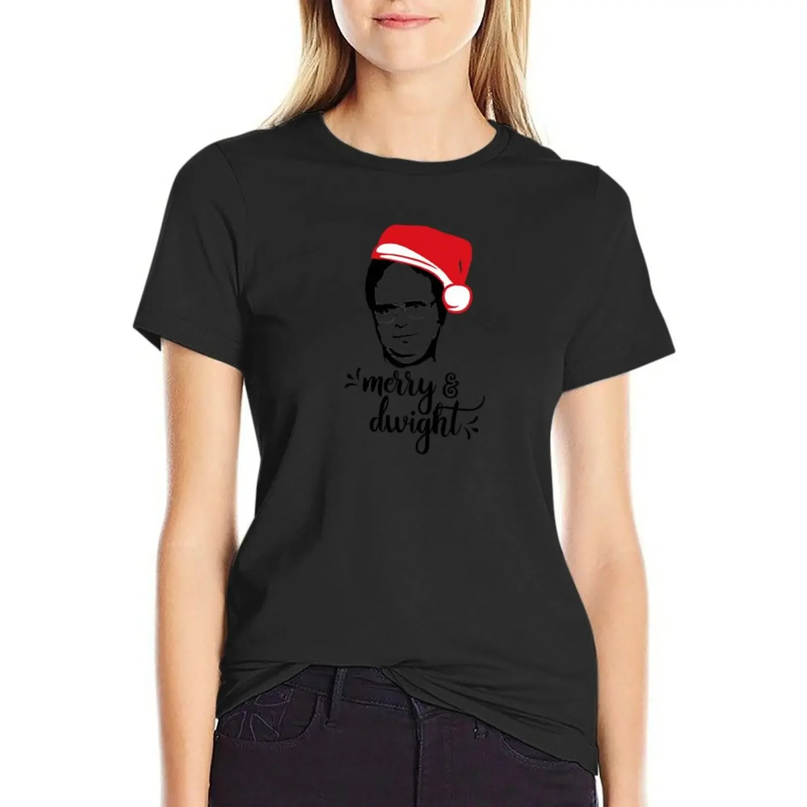 

merry & dwight The Office Christmas Dwight Schrute santa hat T-Shirt Short sleeve tee new edition Women clothing