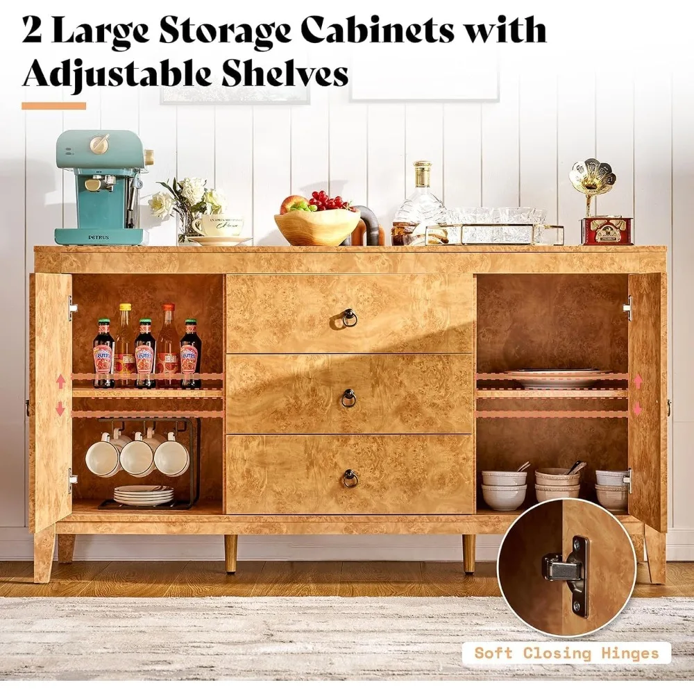 خزانة تخزين جانبية لبوفيه عالي اللمعان مقاس 60 بوصة، وخزانة جانبية خشبية كبيرة مع أدراج، ومقابض قديمة. وطاولة بوفيه بار النبيذ