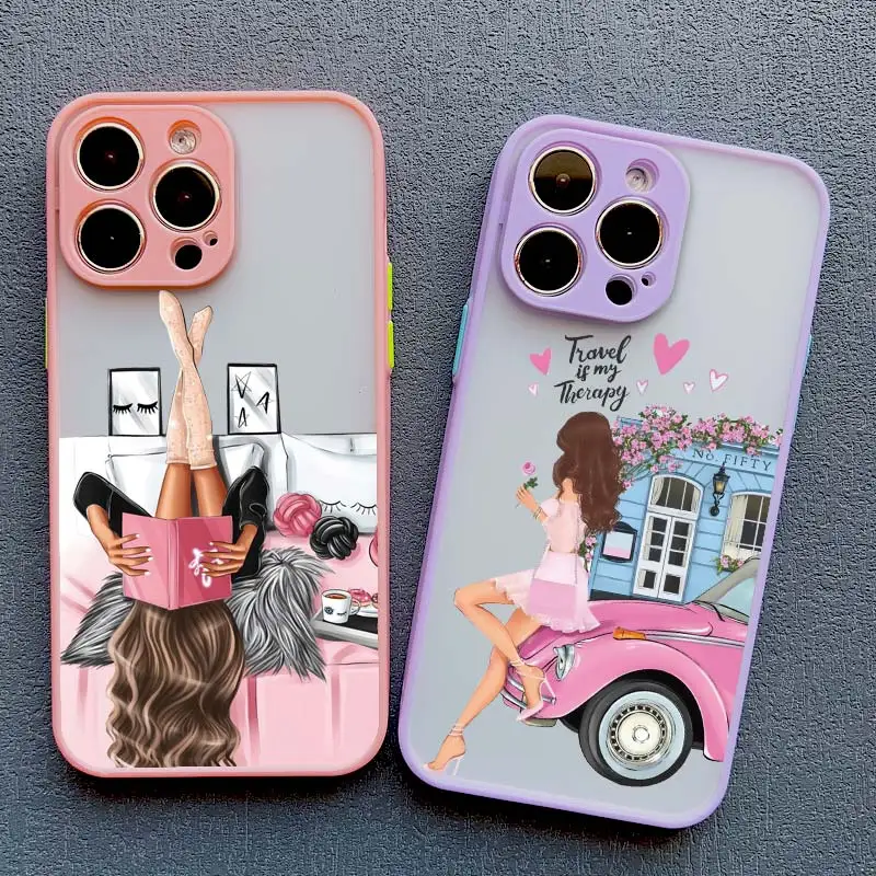 Beauty Makeup City Girl Pattern Case For iPhone 16 15 X XR XS 14 13 12Mini 11 Pro Max drawn girl Cover For iPhone 7 8 Plus SE2