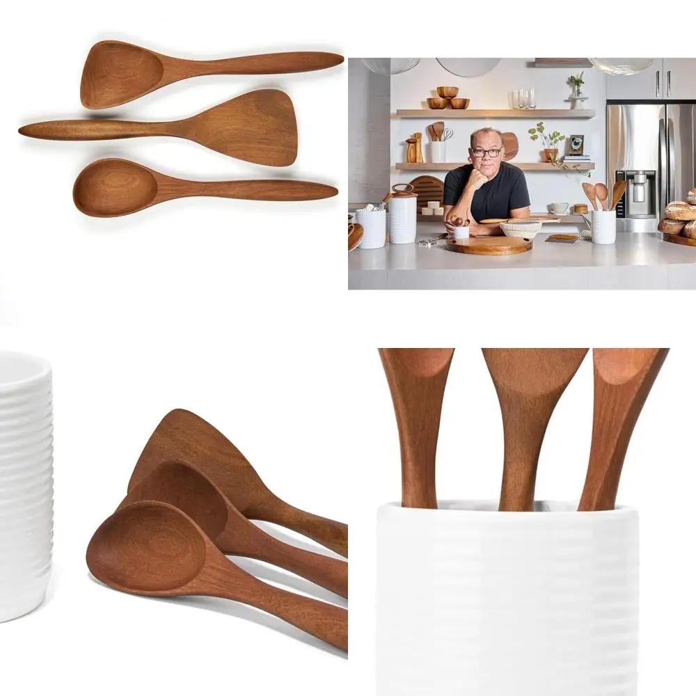 

Contemporary Stoneware Bread Canister by Tom Papa, Acacia Wood Utensils Included - Modern Kitchen Tool Holder with Spoons & Spat