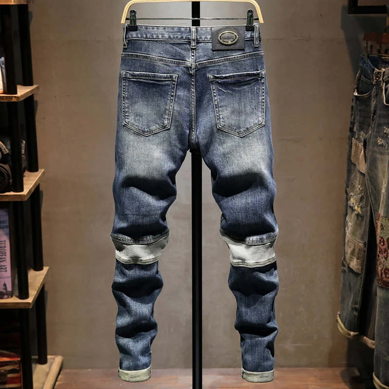 Street Designer Fashion Men Jeans Retro Blue Spliced Slim Fit Stretch Ripped Jeans Men Y2K Patched Hip Hop Vintage Denim Pants