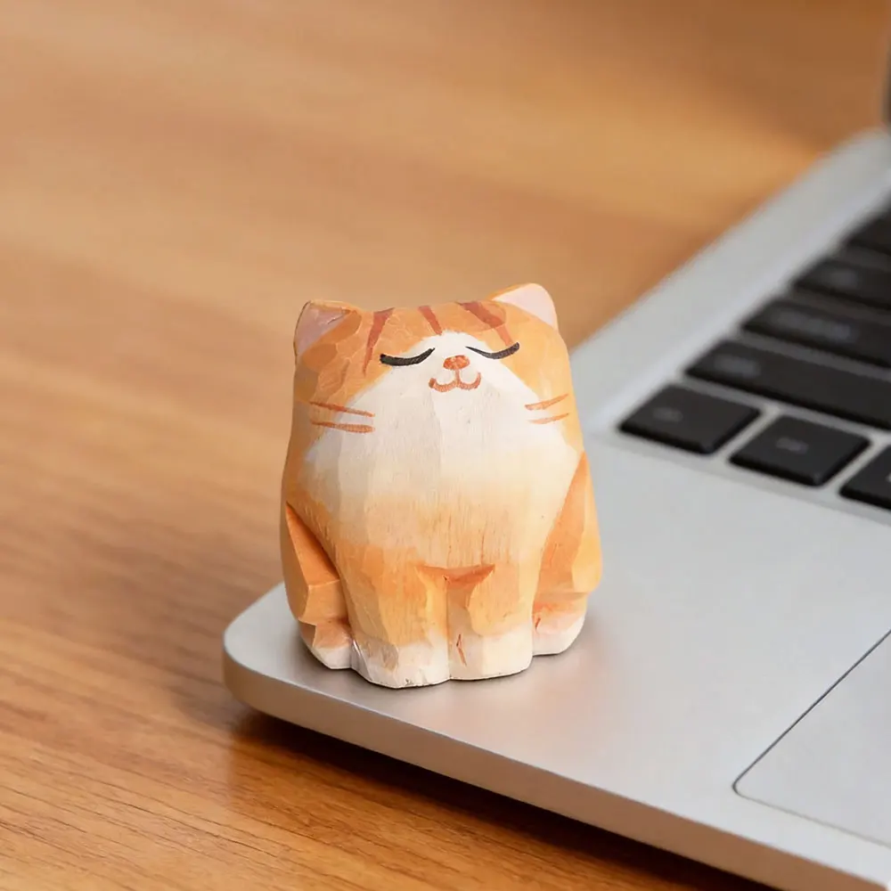 Handcrafted Wood Carving Home Decorations Desk Accessories Room Decor Handmade Orange Tabby Cat Statue Hand-Carved Cat Statue