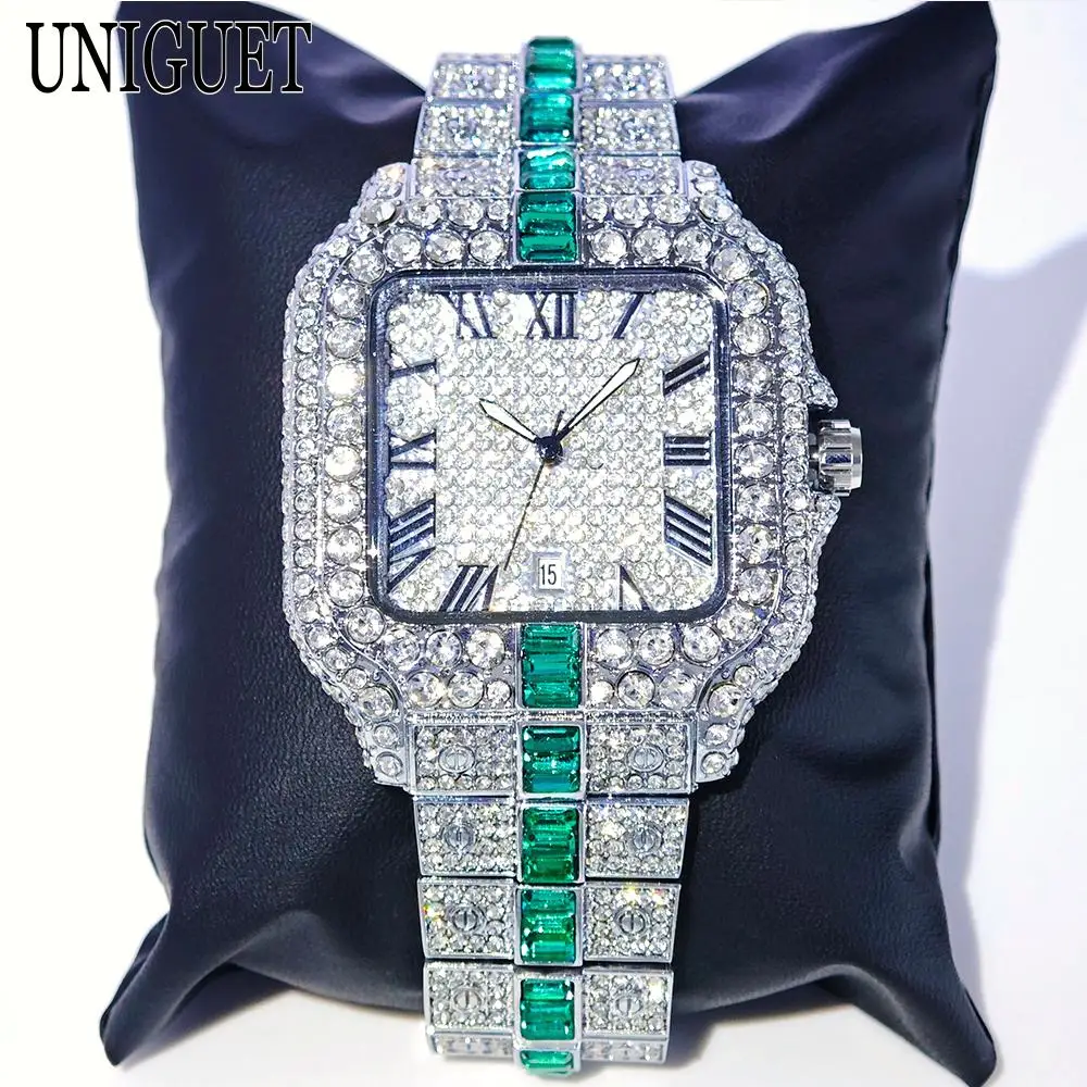 UNIGUET Green Diamond Watch for Men Hip Hop Iced Out Bling Jewelry Wristwatch Man Fashion Waterproof Square Quartz Clocks 2025