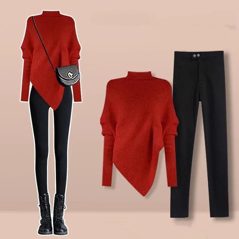 Women Autumn Winter Solid Turtleneck Shawl Sweater Wide Leg Pants Two Piece Set Lady Knitted Pullover Black Trousers Outfits