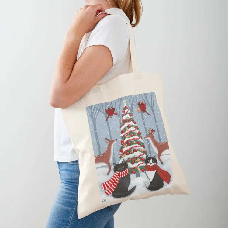 The Woodland Cats Christmas Tree Tote Bag large size bags Shopper tote bag custom Lady bags