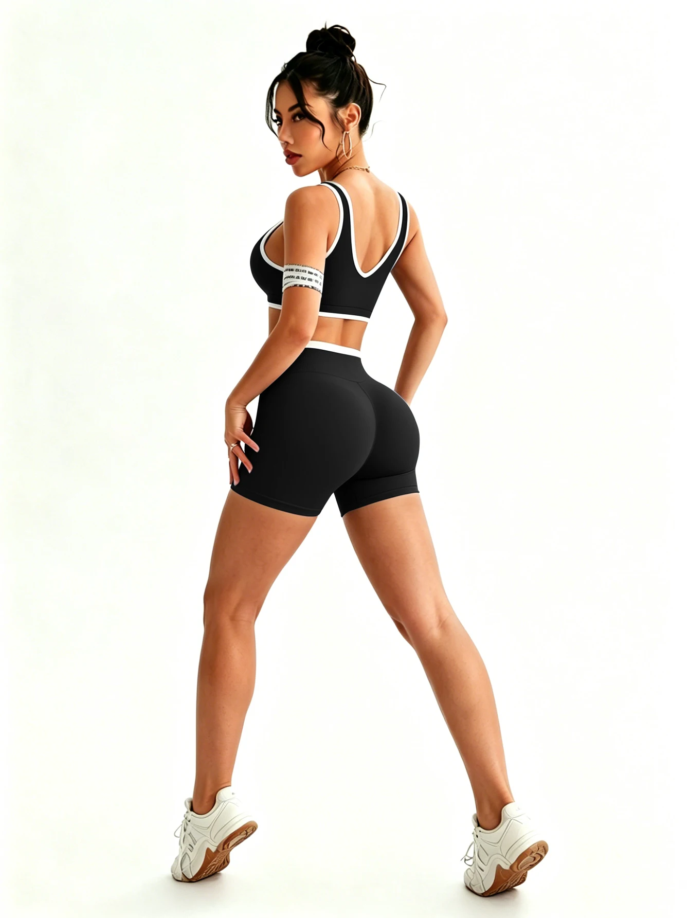 Hochgeschnittenes Cross-Yoga-Shorts-Set Farbblock V-Ausschnitt Sport-BH Bauchkontrolle Fitness Zweiteiliges Workout-Outfit – Detail 3