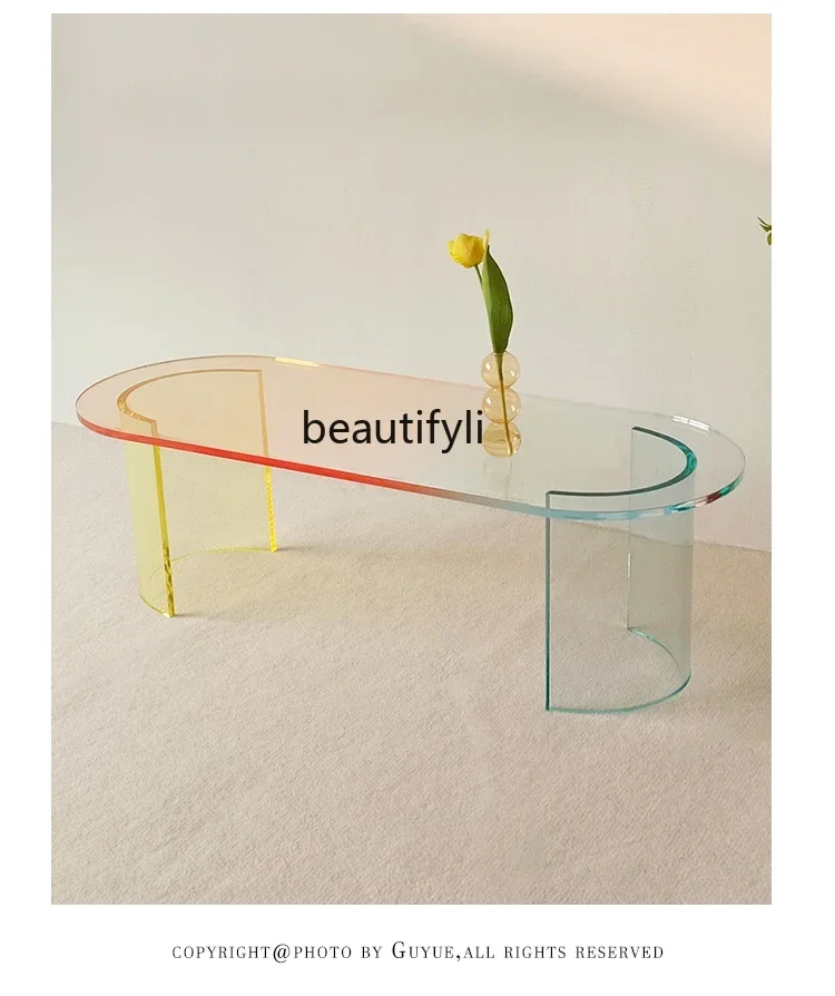 182C Oval Rainbow Colorful Coffee Table Acrylic Transparent Gradient Simple Short Table Creative Niche Designer Table
