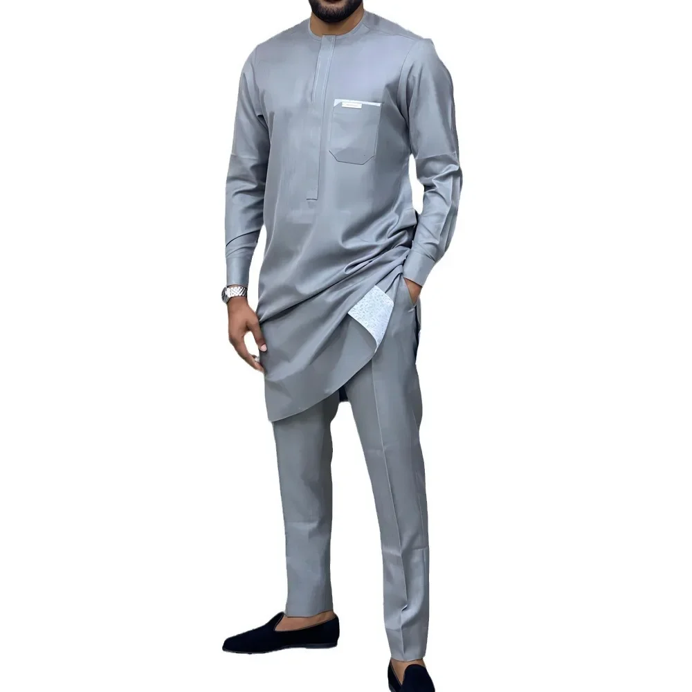 Dashiki Africa Clothing 2 Piece African Clothes for Men Spring Autumn Africa Long Sleeve O-neck Black Top Pant Matching Sets