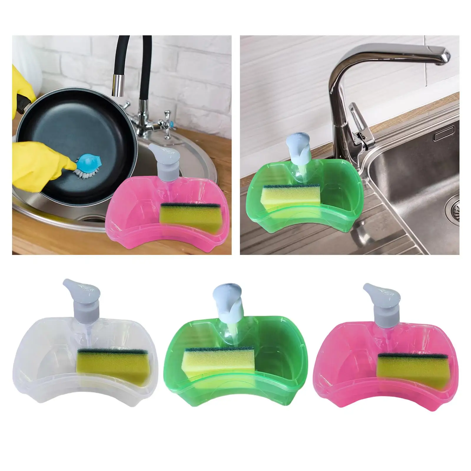 Multipurpose Kitchen Soap Dispenser Modern Pump Bottle with Scrubber Holder for Bathroom Sink and Cleaning Needs