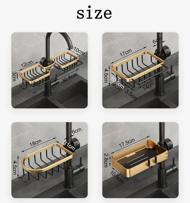 Wasserhahn Abtropfgestell für Waschbecken Set Luxus Küchenartikel Organizer Badezimmer Neu Schwarz Gold Edelstahl Rack Lagerregal – Detail 8