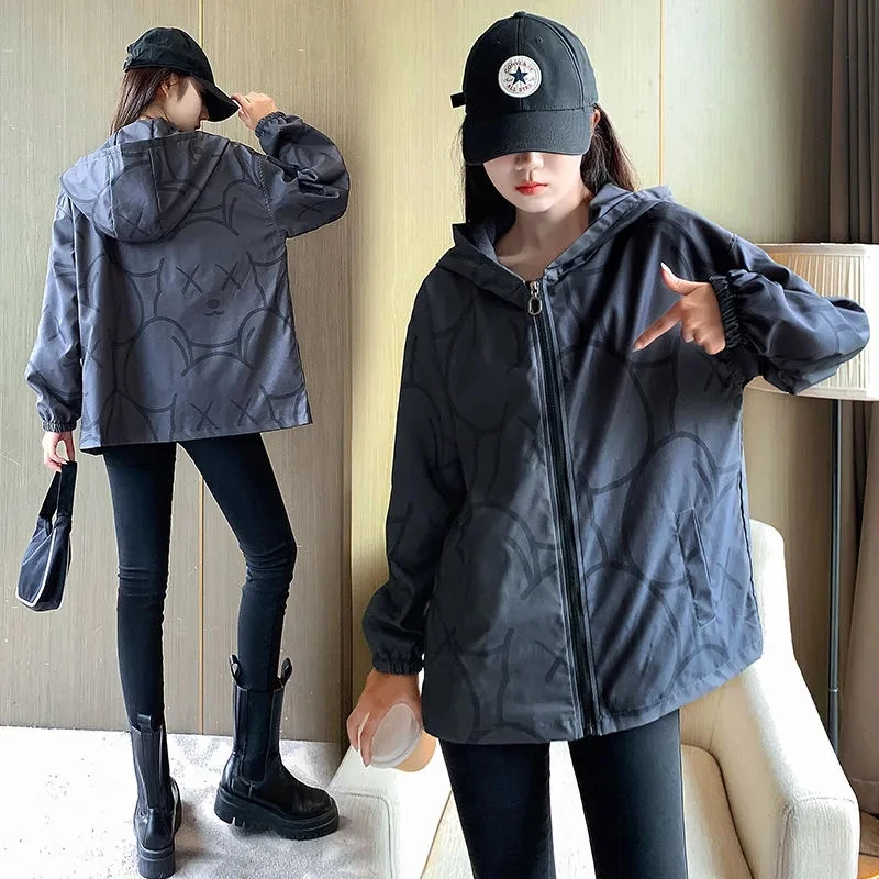 Spring Autumn Womens Clothing 2024 New Double layered Thick Printing Trench Coat Female Loose Large Hooded Windbreaker Jacket