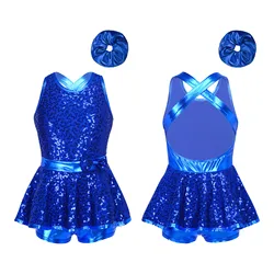 Kids Girls Jazz Dance Performance Costume Ballet Leotard Dress Shiny Sequined Sleeveless Criss Cross Back Bowknot Leotard Outfit