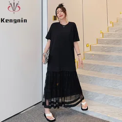 Loose plus Size Mesh Patchwork Pleated Summer Dress Short Sleeve Black Female Vestidos New 2025 KE3285