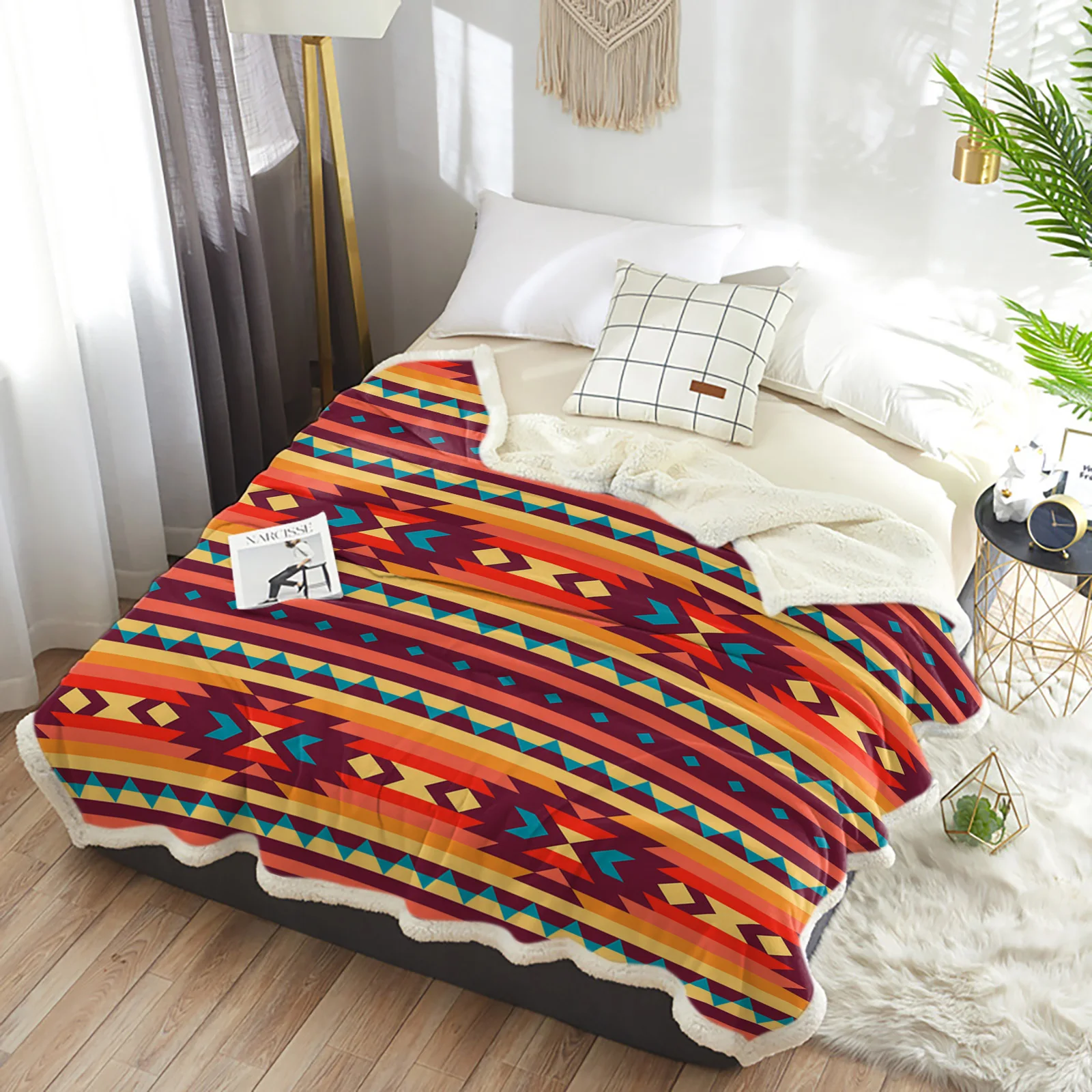 American Tribal Pattern Winter Warm Cashmere Blanket for Bed Wool Throw Blankets for Office Bedspread