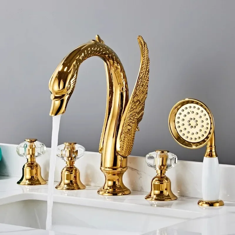 

Gold Swan Bathtub Faucet Set Widespread Tub Sink Mixer Tap Brass Crystal Bathroom Bath Shower with Hand shower Head