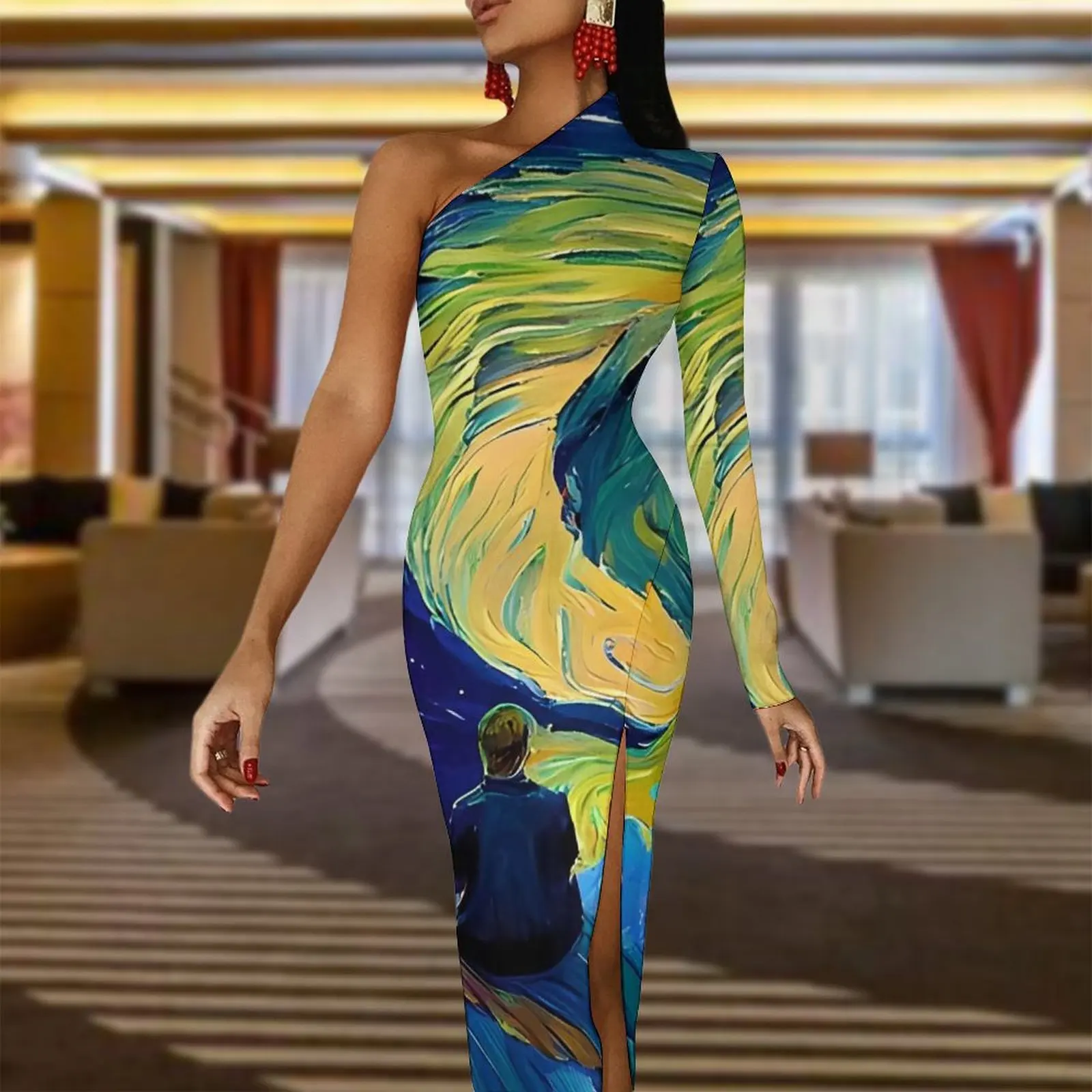 Van Gogh Bodycon Dress Autumn Abstract Starry Night Modern Side Split Long Dresses Long Sleeve Graphic Party Dress