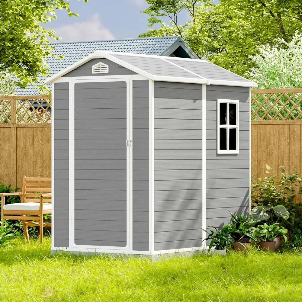 4 X 6 FT Plastic Outdoor Storage Shed with Reinforced Floor, Resin Outside Tool Shed, Garden Tools and Lawn Mower, Grey