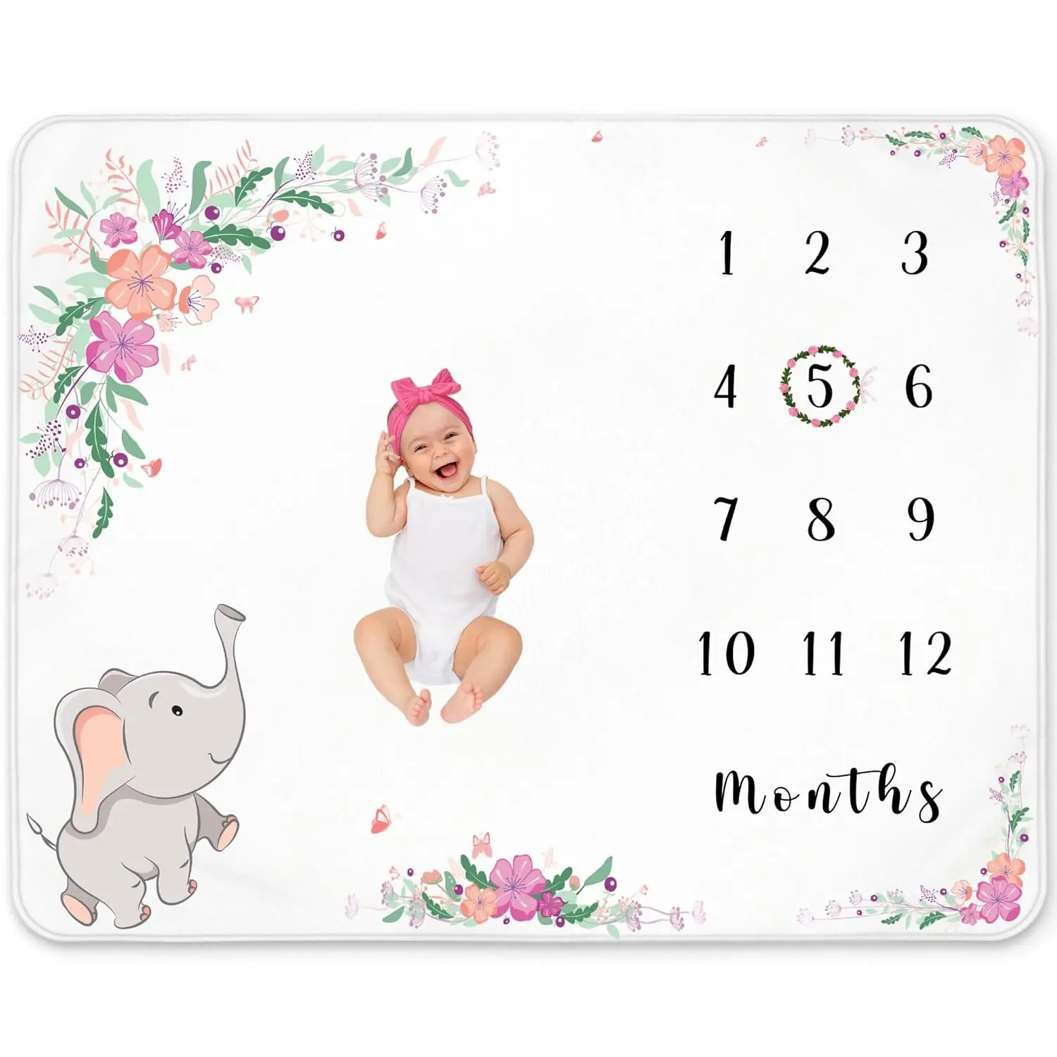 VIKAMA Baby Girl Growing Milestone Blanket Floral Elephant Design Soft Flannel Throw Newborn Monthly Growing Blanket