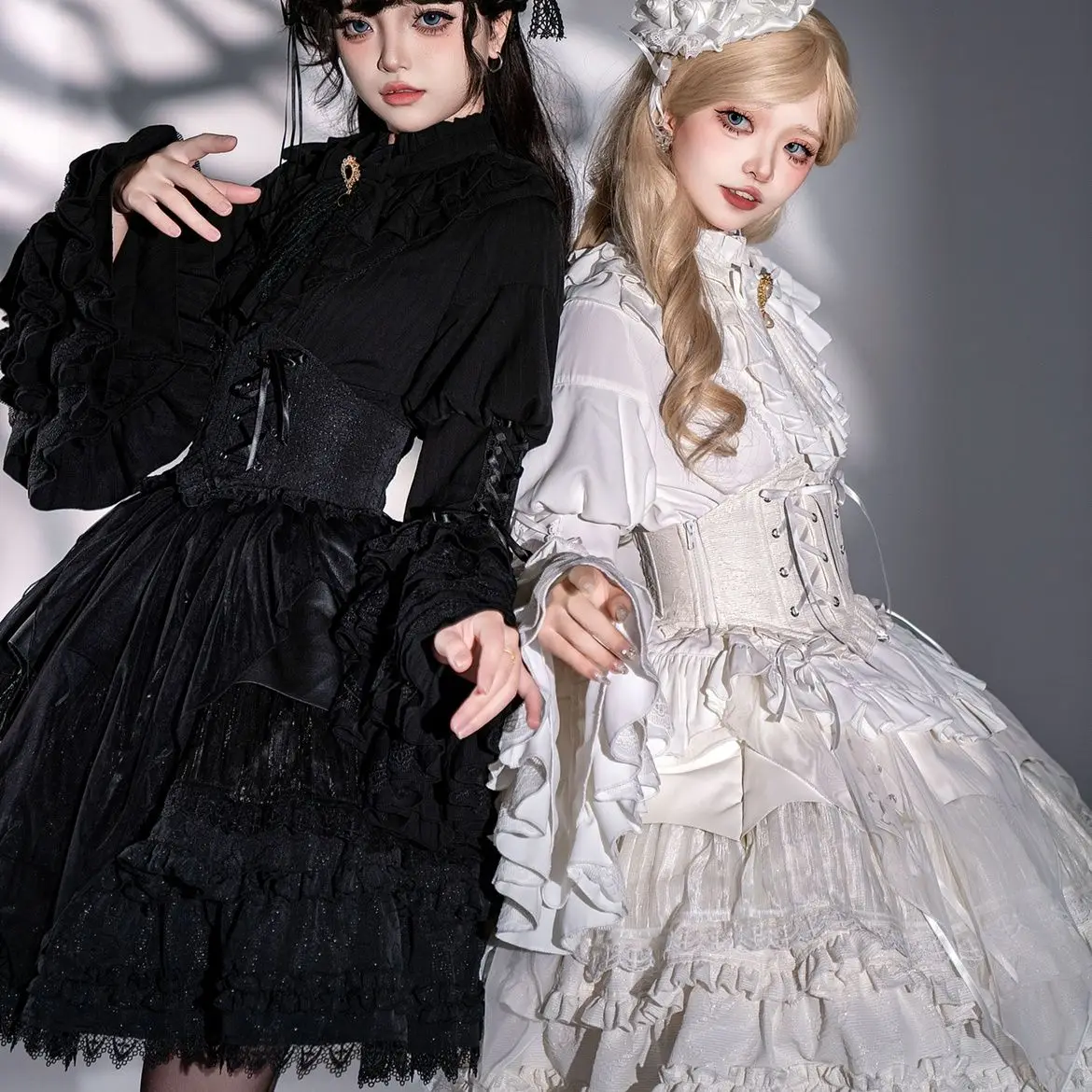 CoalfellLolita ريترو قصر نمط القوطية صديقة الأكمام البوق قميص نفخة تنورة مجموعة لوليتا كم طويل الأعلى