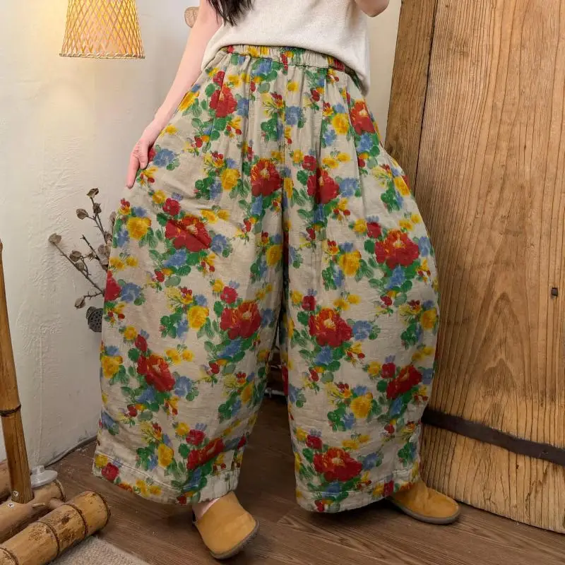Spring Autumn Arts Style Women Elastic Waist Loose Casual Floral Print Trousers High Quality Cotton Linen Vintage Harem Pants