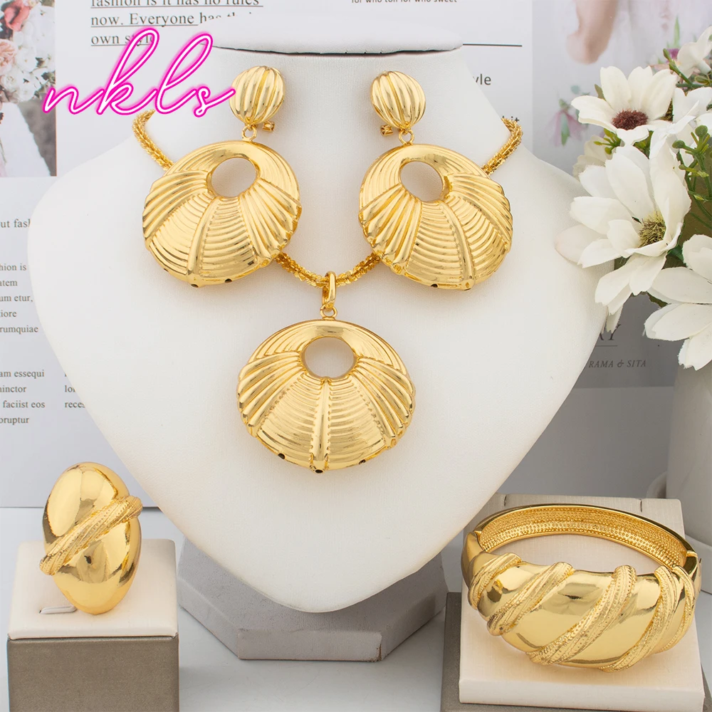 African Fashion Leaves Design Necklace Bangle Earrings Ring Set for Women Dubai Luxury Gold Color Jewelry Set Wedding Party Gift