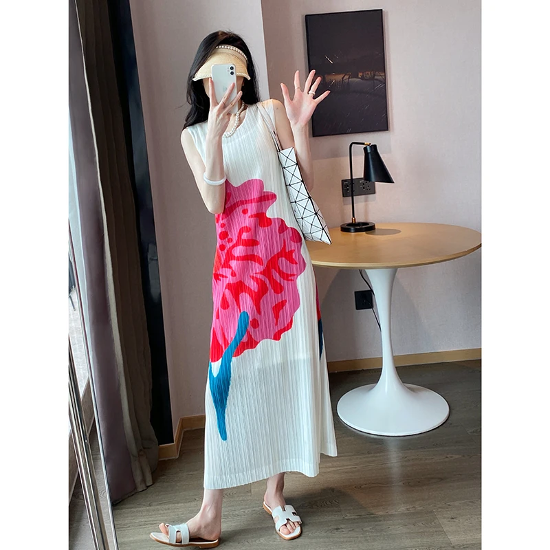 

Miyake Pleated Print Dress Women's Summer New Loose and Slim Straight Tank Top Skirt White Long Dress Maxi Dress