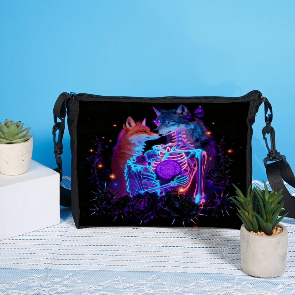 1pc Fashion Crossbody Bag Black Fox And Wolf Skeleton Neon Glow Print Shoulder Bags For Women Men Casual Daily Use Travel Pouch