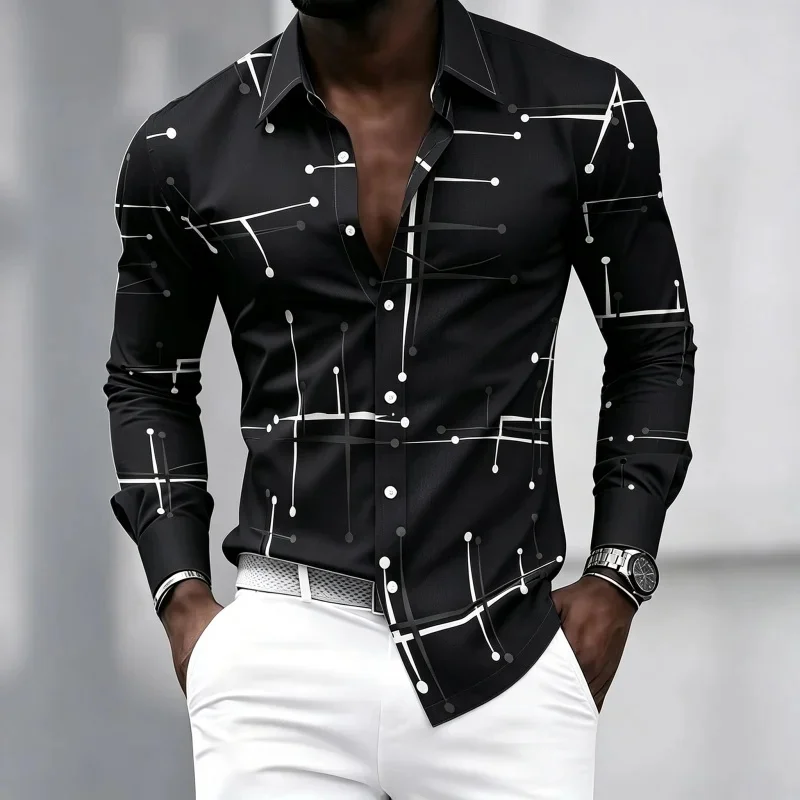 Men's shirt solid color geometric lines dot print long sleeved shirt slim fit lapel business casual shirt trendy versatile shirt
