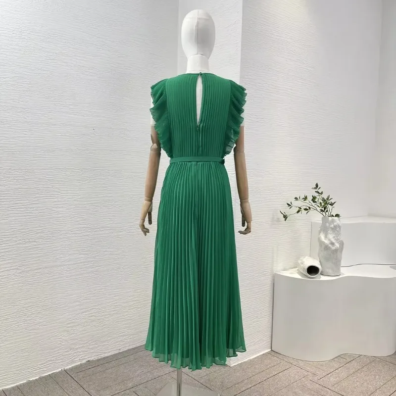 Green Pink Midi Dress Ruched Pleat Ruffle Flying Sleeve for Women New Arrival 2024 Spring Summer High Quality