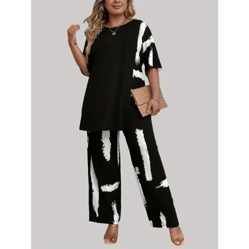 Plus Size 1XL-5XL Women's Fashion Brush Print EleganceRound Neck Short Sleeve Split Top & Matching Pants 2 Piece Outfit Set