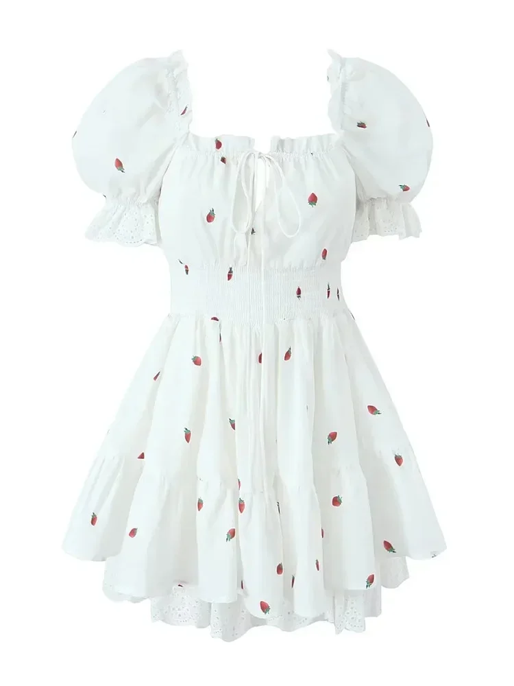 Vestido curto vintage estampado com morango feminino, decoração em renda, vestido de festa em camadas para praia pequena, branco, verão, 2024