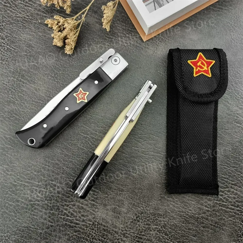 Russain Finka NKVD KGB Folding Knife 440C Blade ABS Handle Nylon Sheath Pocketknife Outdoor Military Survival Adventure Tools