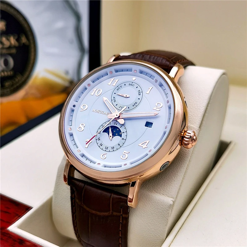 

Men's 45mm Large Dial Automatic Mechanical Watch Luminous Moon Phase Calendar Day Screw Crown 30M Waterproof Genuine Leather Str
