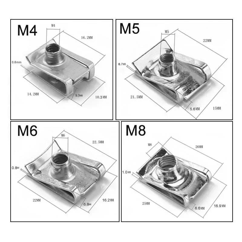 10Pcs 304 Edelstahl Clip Mutter M4/M5/M6/M8 Reed U Muttern Geschwindigkeit Clip Verschluss sortiert Kits Stahl Clip Mutter für Motorrad Auto