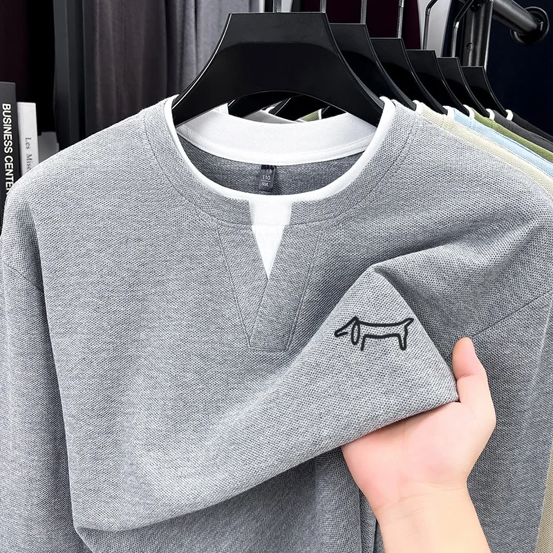 Advanced Buttonless O-Neck Long Sleeved T-Shirt New Style Cotton Autumn Solid Fake Two-Piece Tops Fashion Casual Men's Clothing