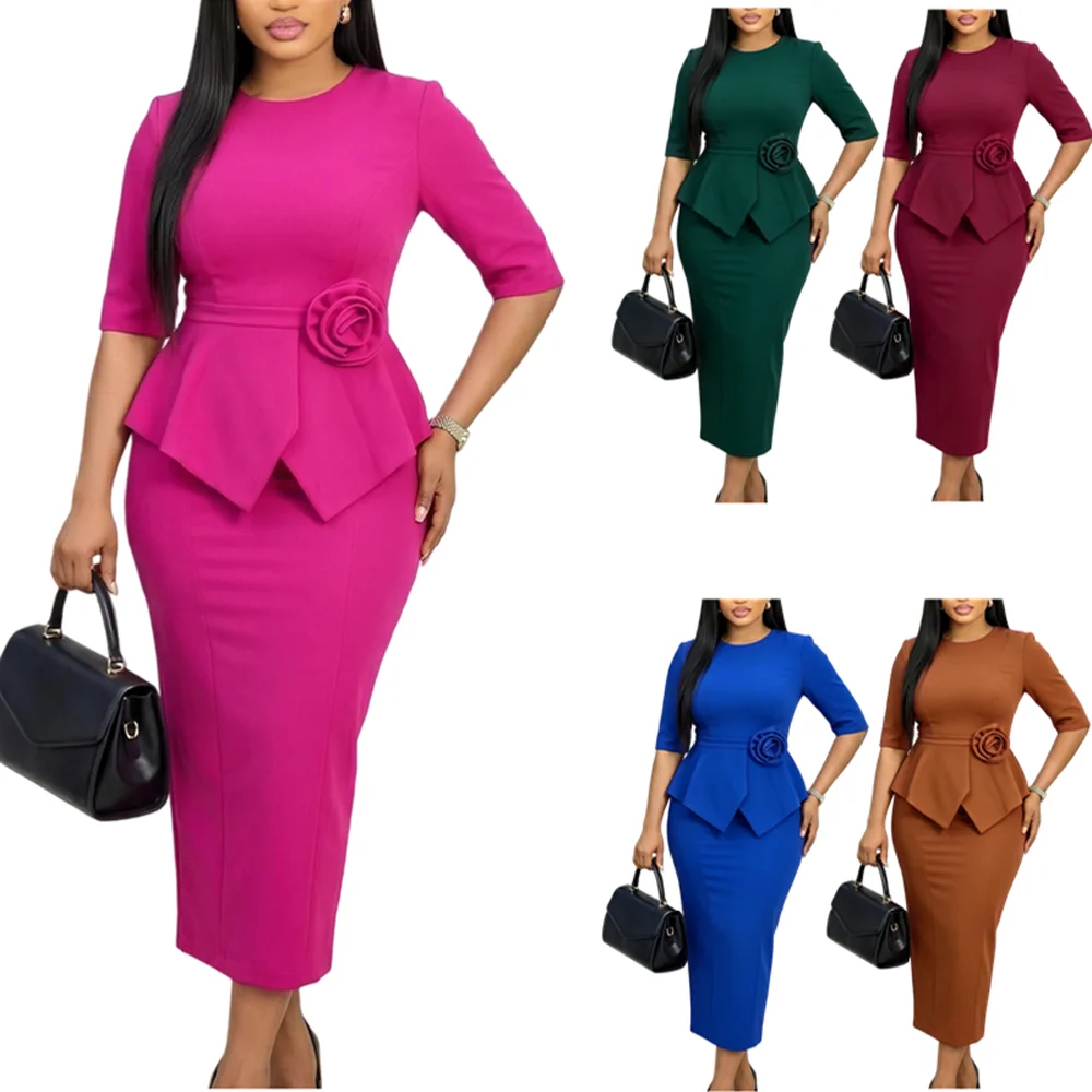 Trendige Sommerkleider für Damen, lässig, elegant, halblange Ärmel, O-Ausschnitt, Rüschen, Bürokleid, modisches afrikanisches Kleid mit 3D-Blumen – Detail 2