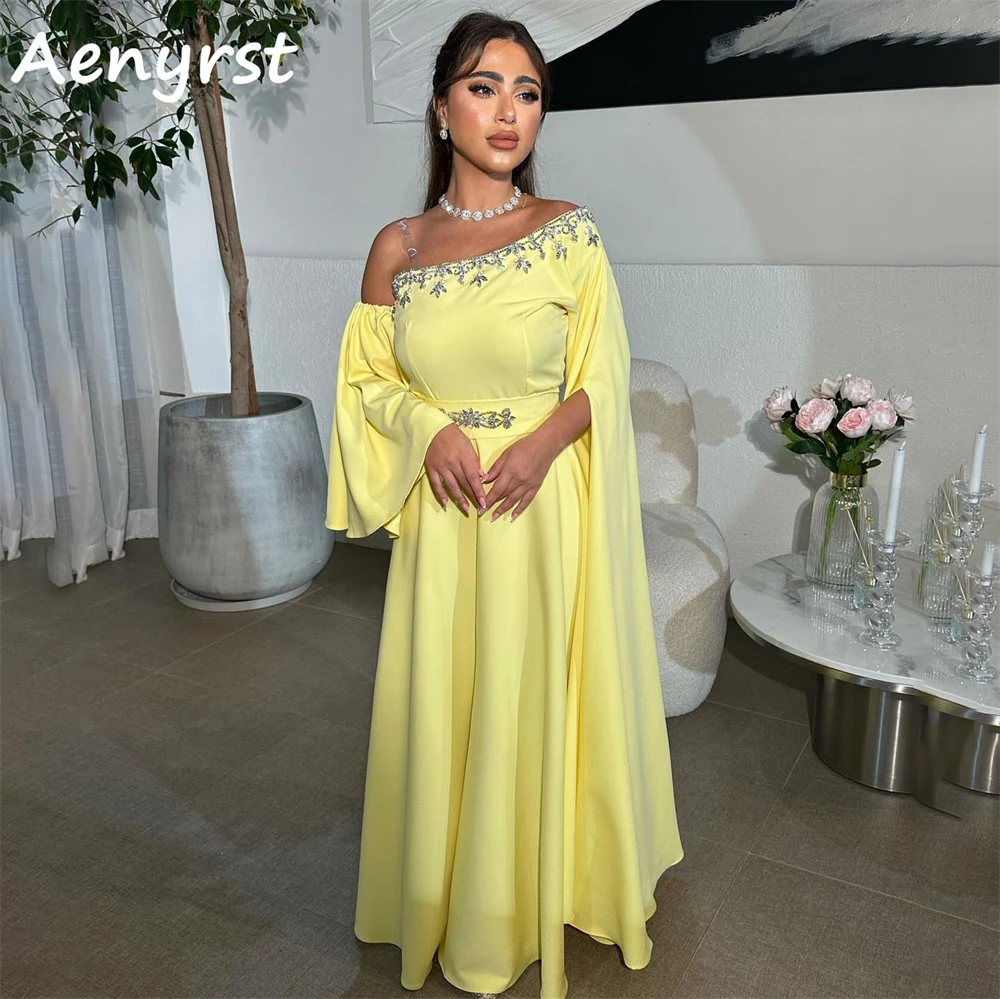 

Aenyrst Yellow Long Sleeves Diagonal Collar Evening Dresses A Line Crystal Prom Gowns Floor Length Dinner Party Dress For Women