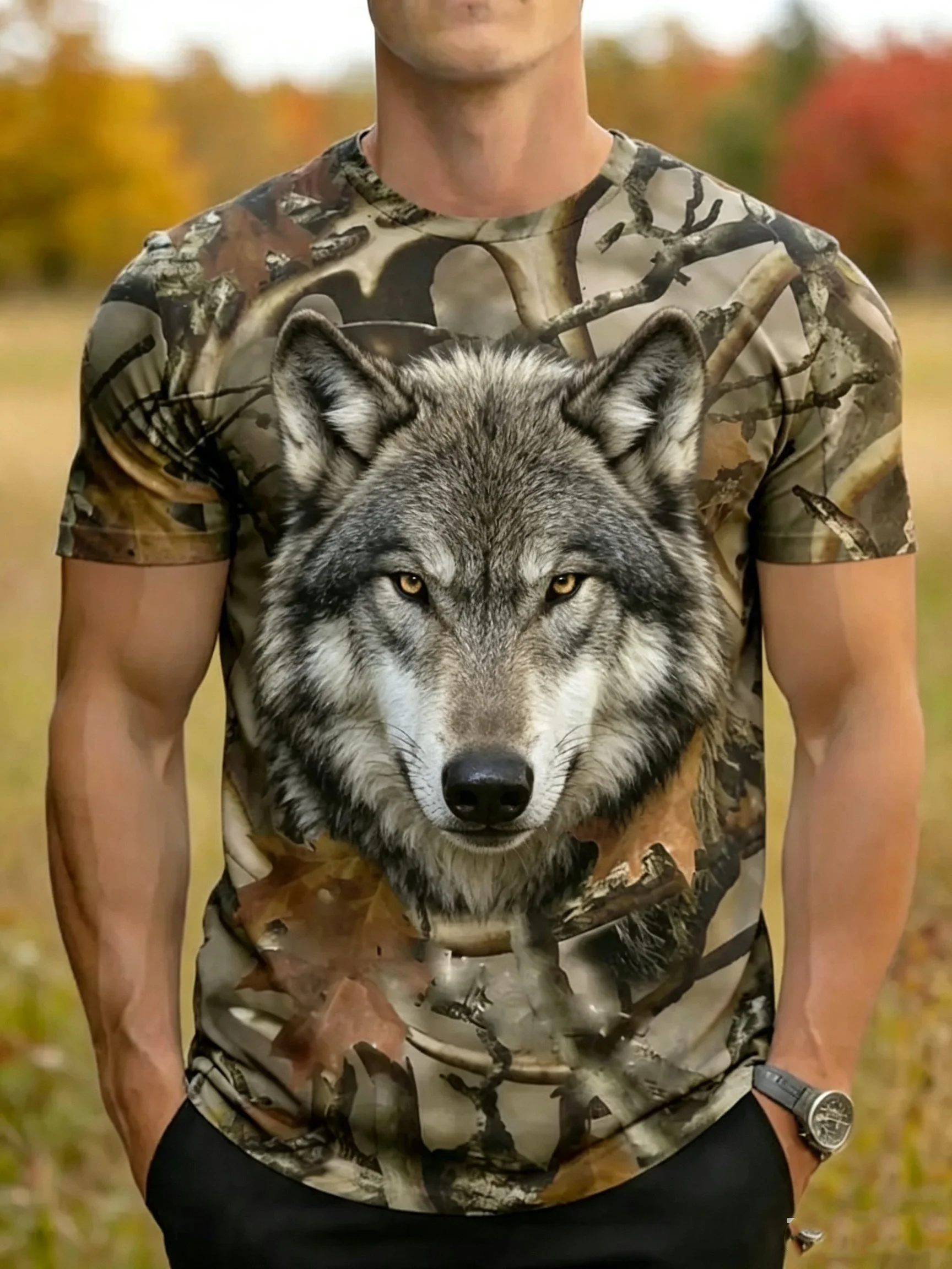 3D Jungle Wild Animal Wolf Pattern Short Sleeve T-Shirt Fashion Party Daily T Shirt Casual Crew Neck Tops Outdoor Men's Clothing