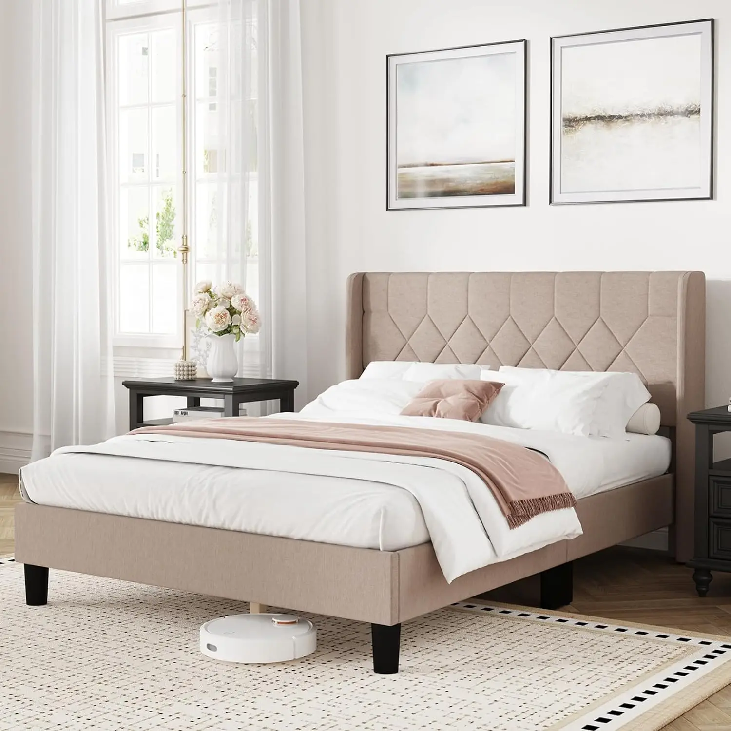 Full Size Bed Frame with Beige Linen Upholstered Wing Side Headboard, Pull-Point Design, No Box Spring Required, Sturdy Heavy-Duty Feet, Simple Assembly