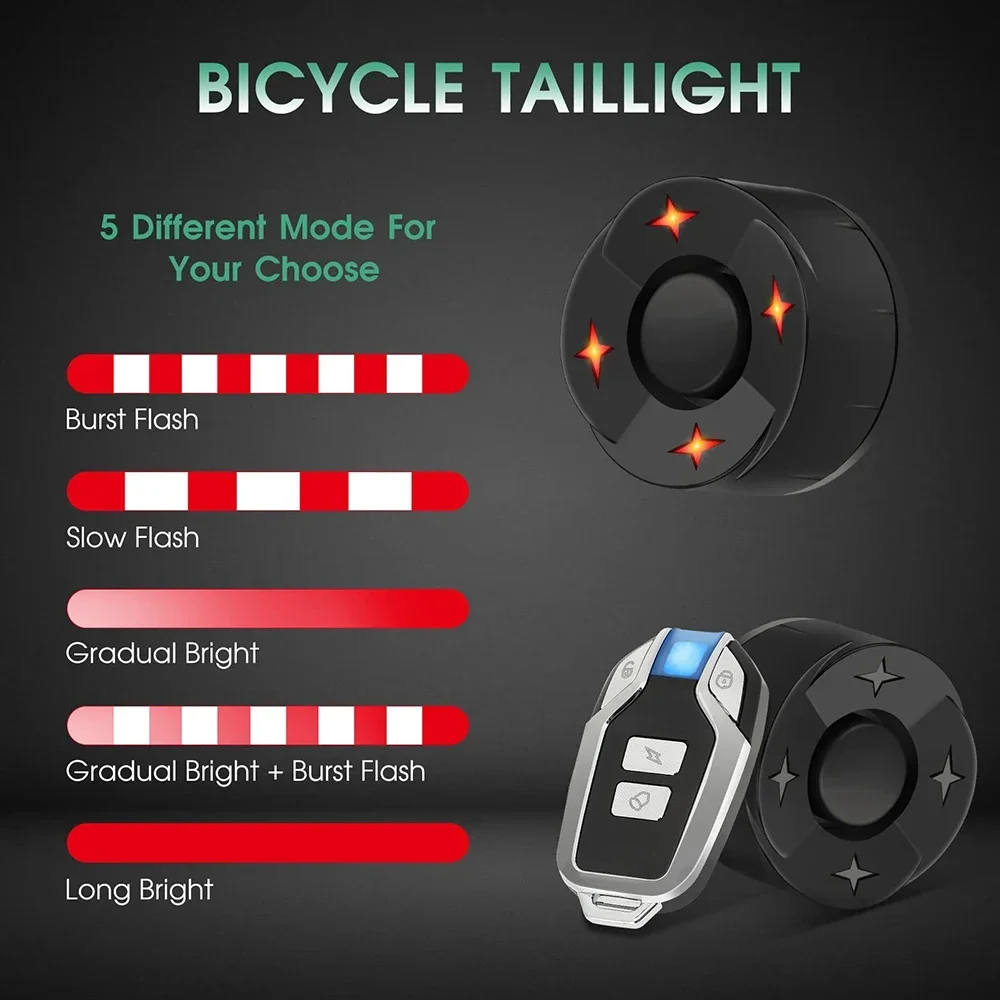 Bicicleta sem fio vibração taillight alarme, carregamento USB, motocicleta bicicleta alarme, controle remoto, anti-roubo detector sistema