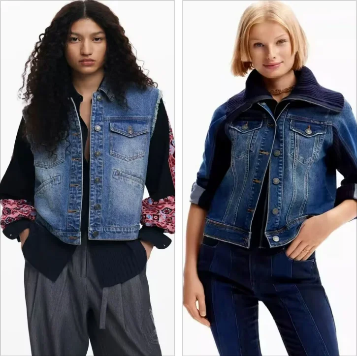 

Spanish foreign trade hot jeans stitching women's coat hollow-out embroidery craft square collar stitching coat