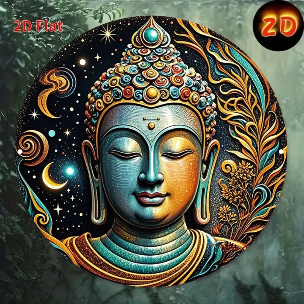 Buddha Meditation Wall Decor Turquoise Blue Gold Buddha Floral OM Symbol 8 Inch Round Aluminum Metal Sign Spiritual Art Hanging