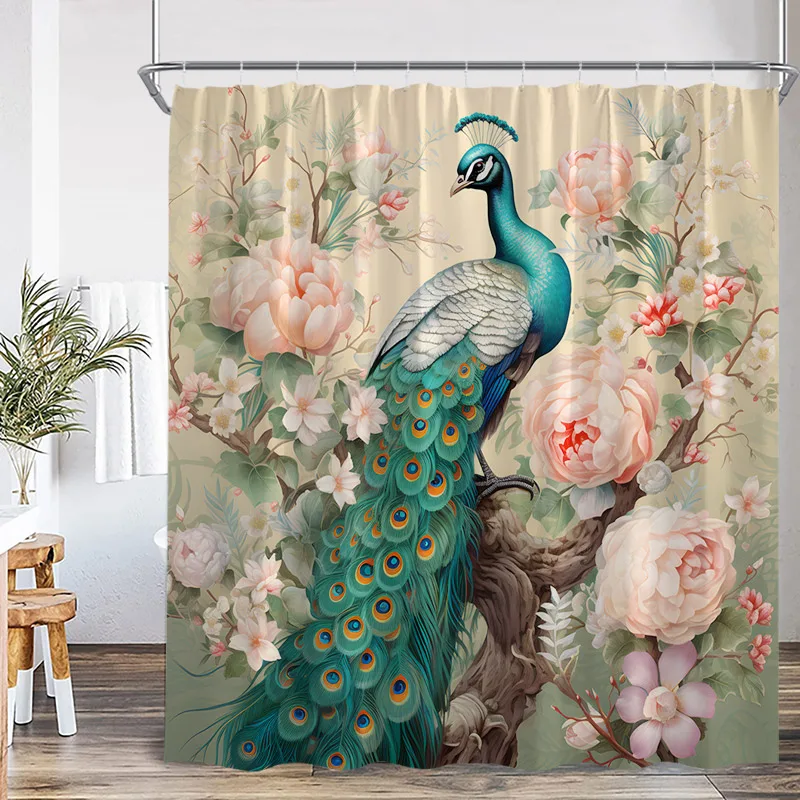 Green Peacocks Shower Curtain Pink Peony Floral Chinese Style Bird Polyester Fabric Home Bathroom Curtains Decorative with Hooks