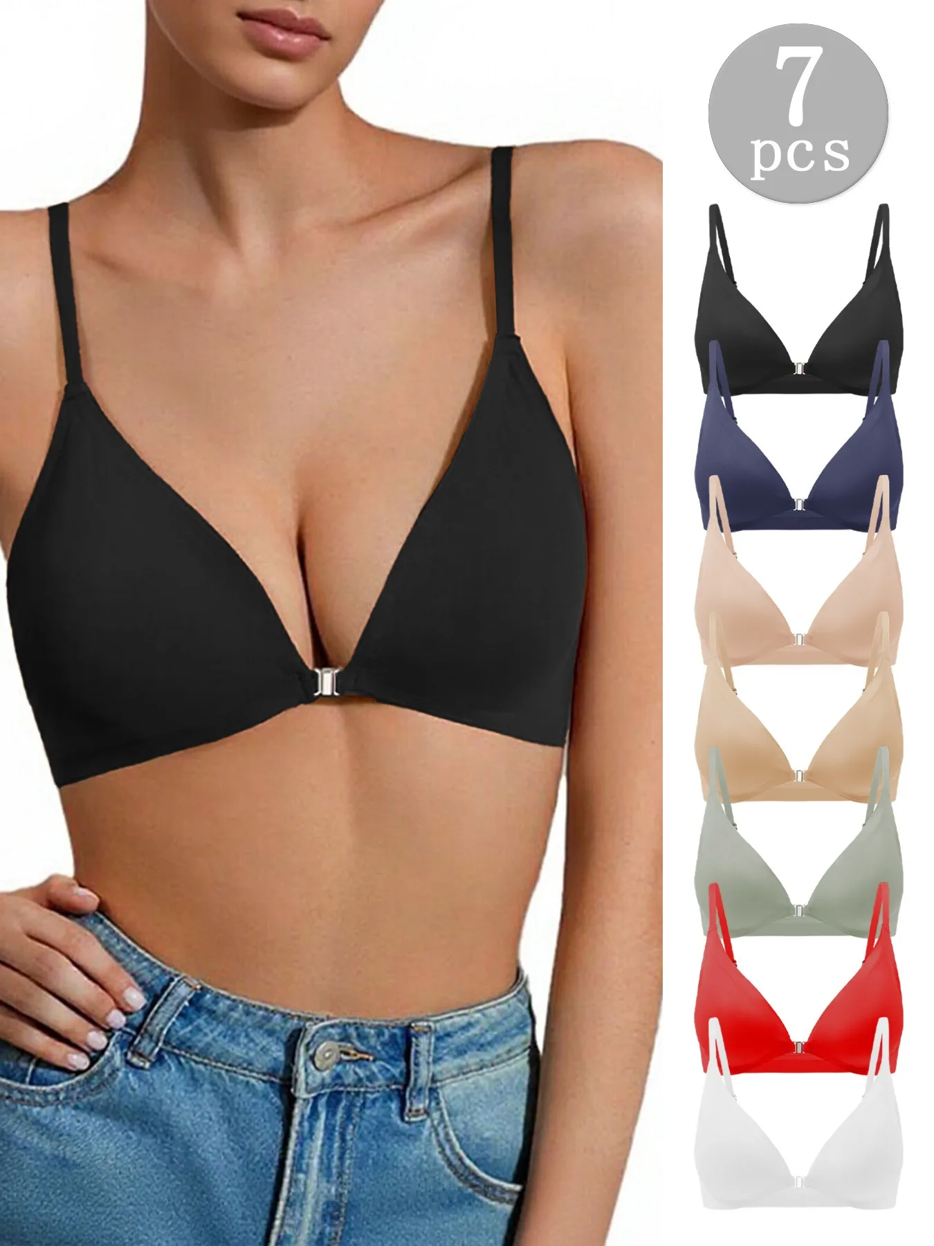

7 Pack Of Color Women's Front Closure Bras Seamless Push-Up Wireless Bras with Removable Padding Basic Everyday T-Shirt lingerie